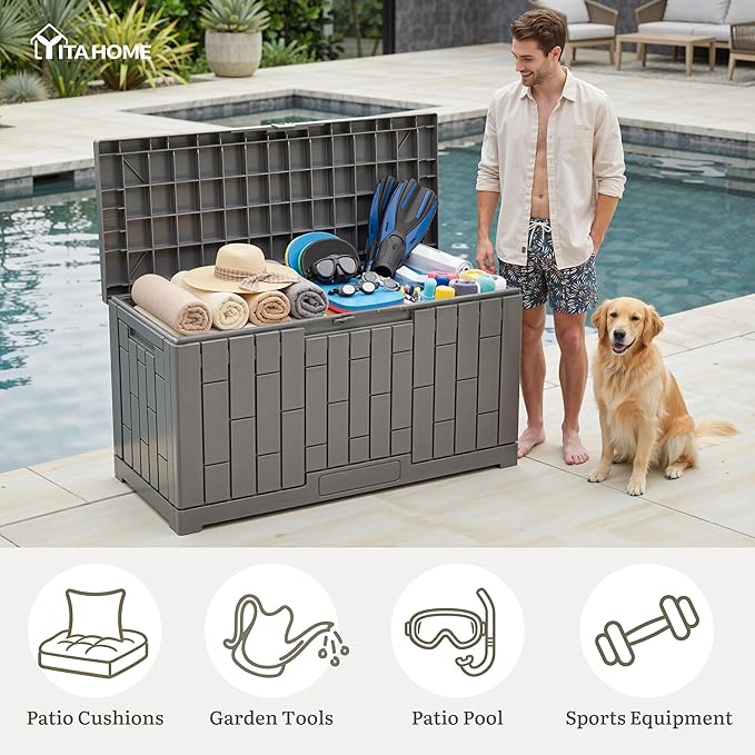 YITAHOME 60 Gallon Outdoor Storage Box, Waterproof Resin Deck Box with Slide-Locking Lid, Patio Storage Bin and Bench Seat for Patio Furniture, Garden Tools and Pool Accessories, Light Brown
