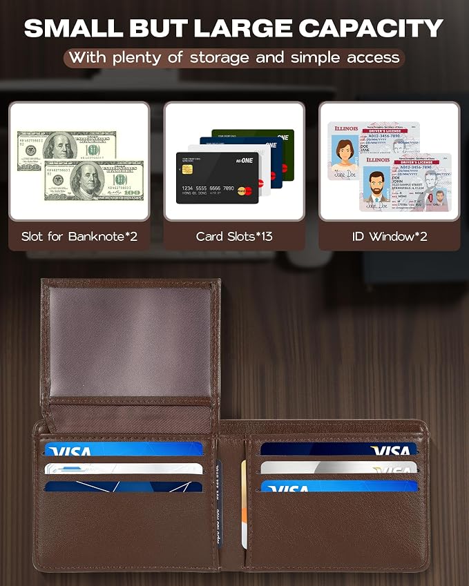 GNDR Wallet For Men Bifold Brown RFID Blocking Slim Faux Leather Wallets Card Holder Front Pocket Minimalist Men Accessories With Gift Box