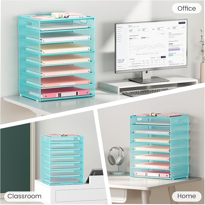 Lavatino 2 Pack 8-Tier Office Desk File Organizer, Letter Tray Paper Organizer with Handle, Including 5 Adjustable Slide Trays for Organizing Desk Workspace Accessories and Supplies (Blue Metal Mesh)