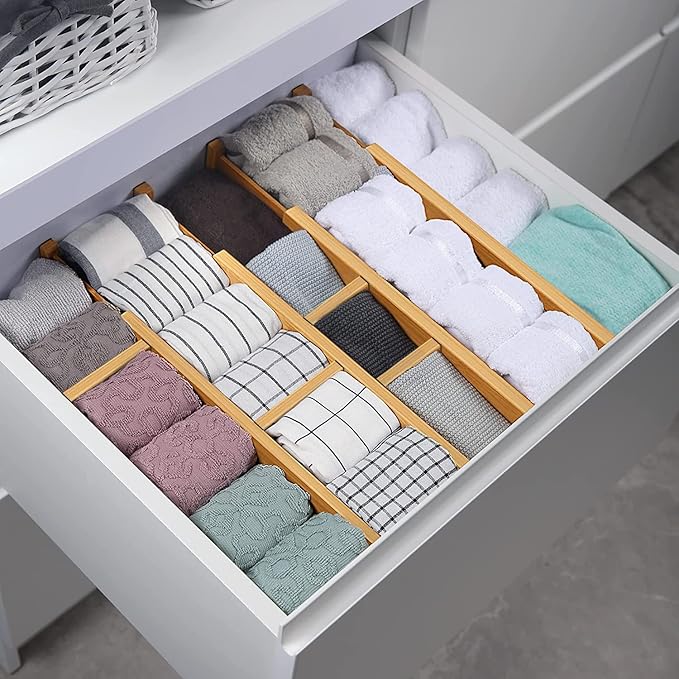 Adjustable Bamboo Drawer Dividers for Clothes, Kitchen Utensils, Office Desks, Bathroom Accessories, Socks and Underwear, and Personal Items, 4 Dividers with 4 Partitions