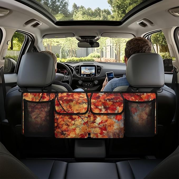 Thanksgiving Leaves Fall Car Trunk Organizer Capacity Car Organizer SUV, Equipped with Robust Elastic Net, Hanging Car Storage Organizer Space Saving Expert