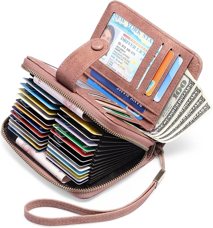 GAEKEAO Leather Credit Card Holder Wallet for Women RFID Blocking Large Capacity Bifold Zipper Card Case Organizer with Wristlet 32 Slots