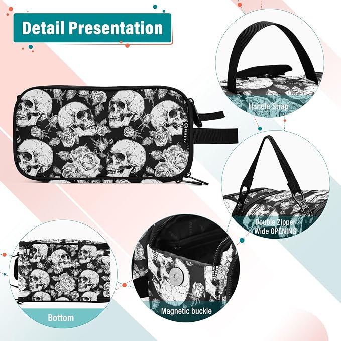 MNSRUU Large Capacity Makeup Bag, Gothic Skulls and Flowers Cosmetic Bag Portable Toiletries Pouch with Compartments Makeup Organizer Case for Travel Women