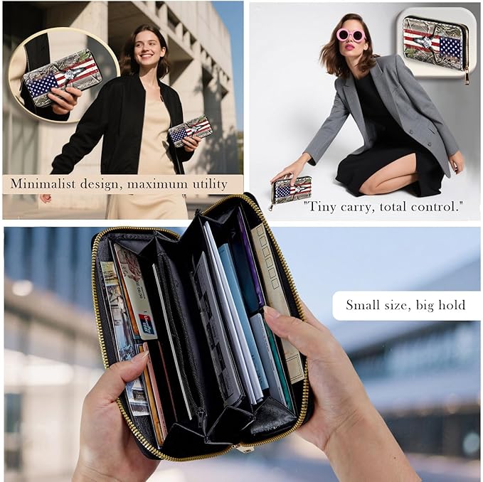 Zip Around Wallets for Women with Detachable Wrist Strap, Large Capacity RFID Blocking Leather Purse Organizer Card Holder Wristlet,American Flag Camo Deer Skull