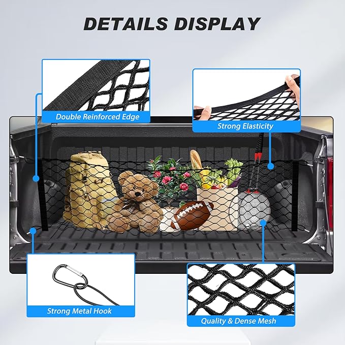 Karltys Truck Bed Cargo Net for Dodge Ram 1500 2019-2024 2025 2026, Envelope Style Pickup Truck Bed Tailgate Net for Ram 1500 Accessories, Heavy Duty Nylon Mesh Storage Netting Organizer with Hooks