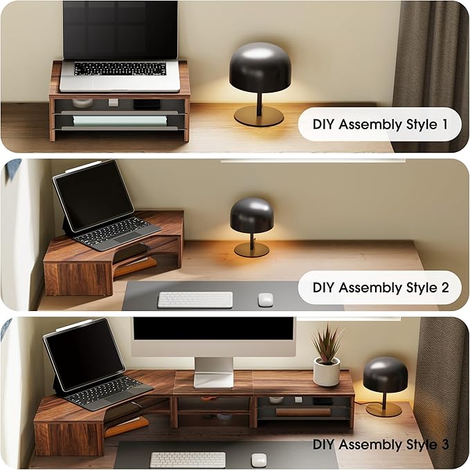 Fenge Dual Monitor Stand, Corner Monitor shelf with Drawer and Slide-Out Tray, 2 Tier Triangle Monitor Riser with Storage, Desk Shelf Organizer for Desk, Home Office, Computer, Laptop, Printer