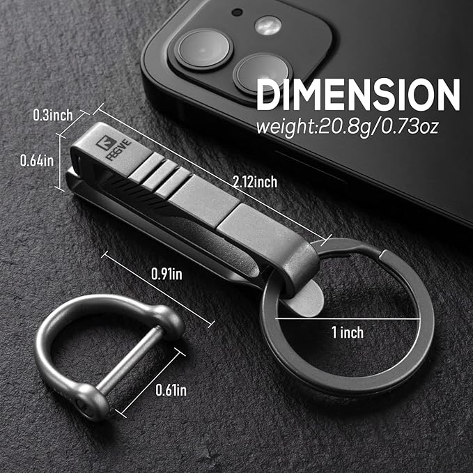 FEGVE Titanium Belt Clip with Key Ring and D-Shaped Keyring, Duty Belt Key Holder for Men (Grey)