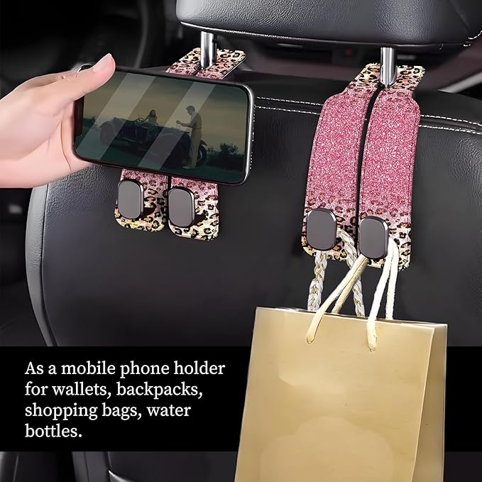 Car Seat Headrest Hook, Universal Leather Cute Hanger Holder Hook, Storage Organizer Interior Accessories for Purse Bags Handbag Glitter Pink Leopard