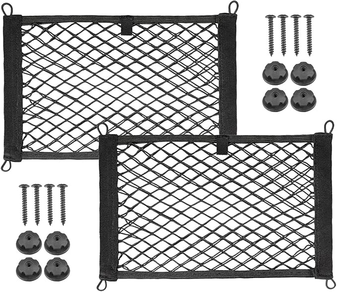 2 Pack Universal Mesh Cargo Net，BetterJonny Stretchable Elastic Automotive Cargo Nets with 8 Pieces Mounting Screws and Hooks for Car Trunk Storage Mesh Pocket Net(Black)
