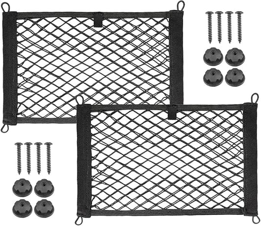 2 Pack Universal Mesh Cargo Net，BetterJonny Stretchable Elastic Automotive Cargo Nets with 8 Pieces Mounting Screws and Hooks for Car Trunk Storage Mesh Pocket Net(Black)