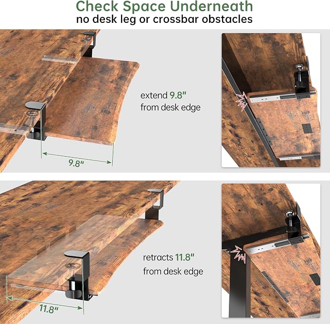 UPGRAVITY Extra Large Keyboard Tray Under Desk - Slide Out with Sturdy C-Clip Mount System, Extra Wide 31.5" (35.8" Including Clamps) x 11.8" Pull-Out Keyboard Computer Drawer, Rustic Vintage Brown