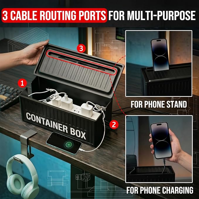 NEXIL Cable Management Box Kit - Cord Organizer Box to Hide Power Strips & Cables, 3-Piece Desk Cable Management Set with Headphone Hanger & Metal Storage Tin, Matte Black