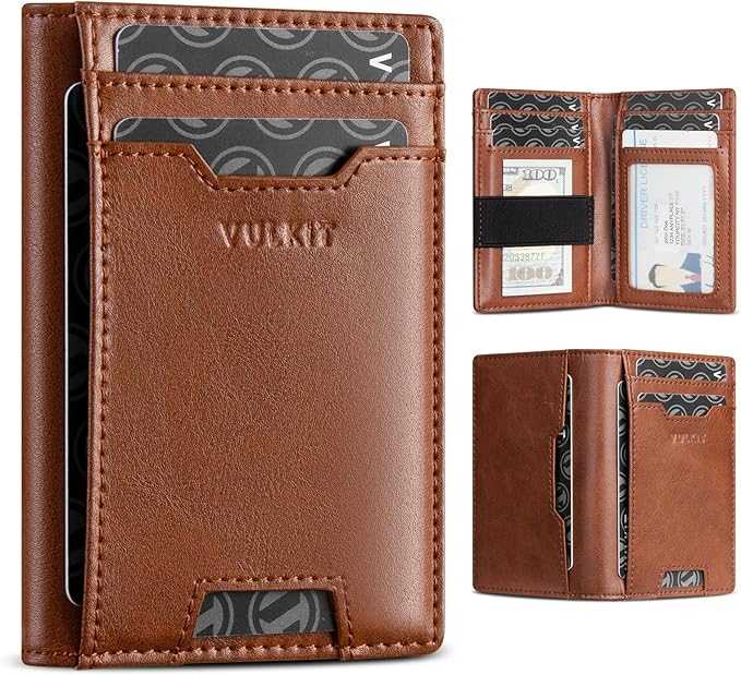 VULKIT Credit Card Holder RFID Blocking Slim Leather Front Pocket Mens Wallet Bank Card Holder Quick Access with 10 Slot and Money Band for Bills or Receipt, Palm-Size Wallet, Brown, S, Minimalist