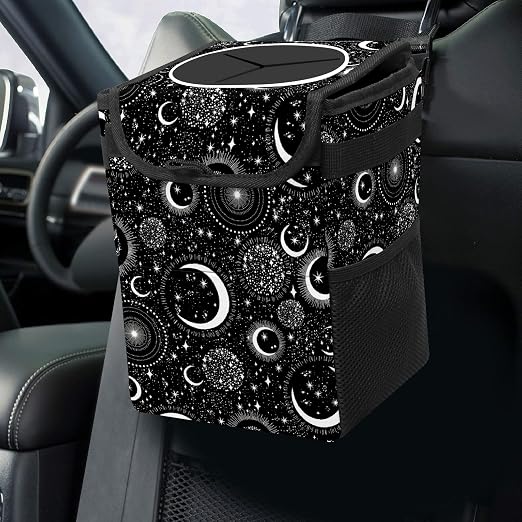 Gothic Moon Stars Boho Car Trash Can with Lid - Collapsible Reusable Waterproof Car Garbage Bag - Organizer