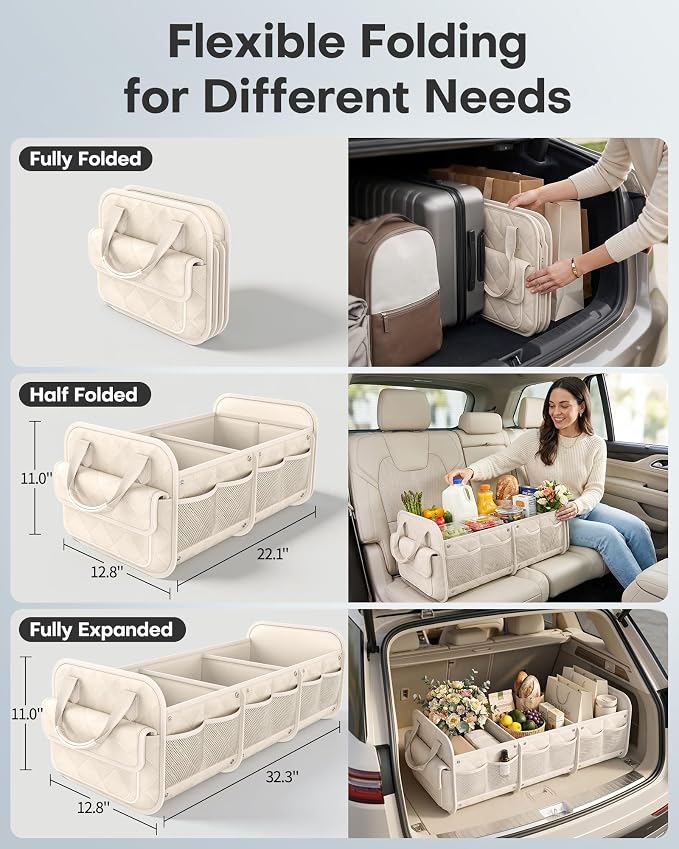 HOTOR Car Trunk Organizer for Women & Men Foldable SUV Storage Accessories | 3 Compartments, Road Trip, Camping, Shopping, for Tools & Outdoor Storage, Fits Truck, Van, Sedan, Beige, 32.3" x 12.8" x 11"