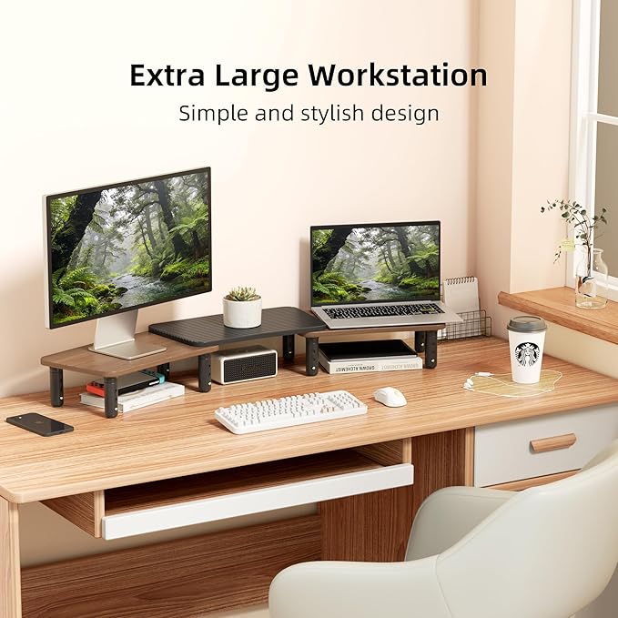 AFOOYO Dual Monitor Stand For Desk,Adjustable Height Long Wood Computer Riser For Computer,Laptop,Printer,TV,Walnut