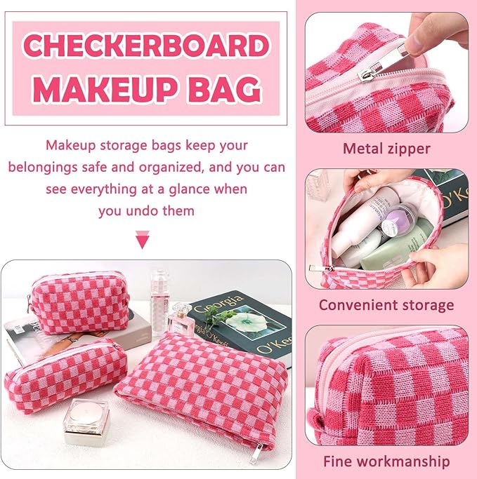 3 Pcs Makeup Bag Cosmetic Bag Set for Girls Women Checkered Travel Organizer Bathroom Toiletry Pouch Large Capacity Storage Bag (Rose-Red)