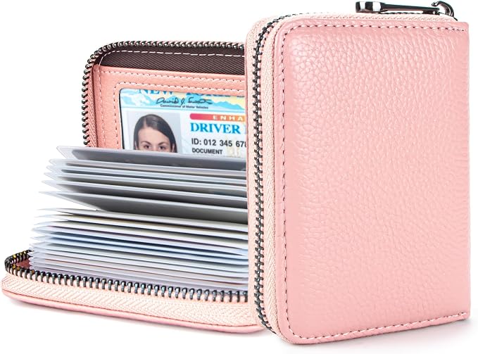 Suweibuke Genuine Leather Credit Card Holder Zipper Wallet RFID Blocking Secure Card Case ID Case Organizer (Pink)