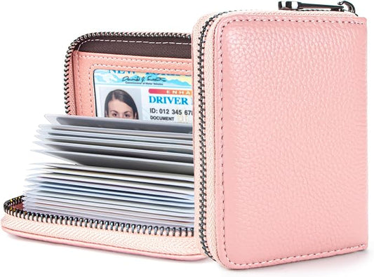 Suweibuke Genuine Leather Credit Card Holder Zipper Wallet RFID Blocking Secure Card Case ID Case Organizer (Pink)
