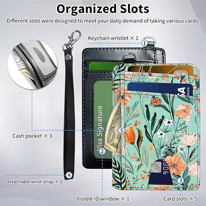 Slim Minimalist Front Pocket Wallet,Credit Card Holder Wallet for Women Men,RFID Blocking Credit Card Holder Case Leather Cute Small Thin Wallet ID Window&Wrist Strap,Floral Plant Green