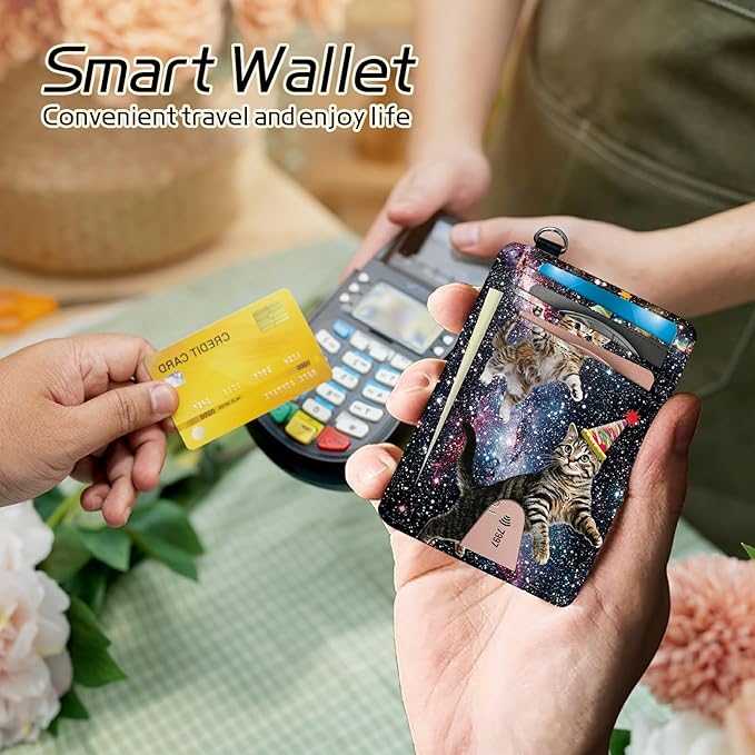 Small Travel Wallets, Cats Galaxy Nebula Slim Minimalist Front Pocket Wallet with Wristlet, RFID Blocking PU Leather Credit Card Holder with ID Window Change Purse for Men Women