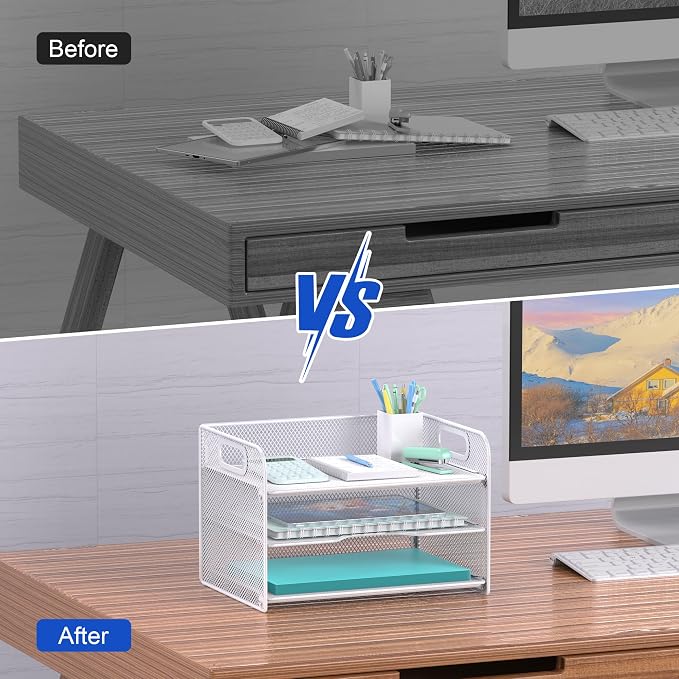 Samstar 3 Tier White Letter Tray Paper Organizer with Handle, Mesh Desk Organizer Paper Sorter File Rack Shelves, White