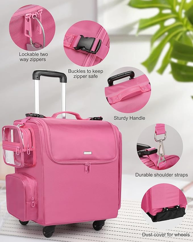 Relavel Rolling Makeup Train Case, Hairstylist Traveling Bag with 4 Wheels, Heat Insulation Full Layer, Adjustable Dividers, Hair Tools and Cosmetics Storage Organizer Trolley Suitcase, Rose Pink