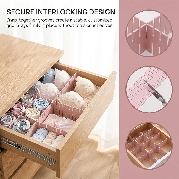 16 Pcs Adjustable Drawer Dividers, DIY Plastic Grid Separators for Clothes, Socks, Underwear, Kitchen and Office, Cuttable Drawer Organizer Dividers, 14.5 x 2.7 in (4 Packs of 4)（Pink）