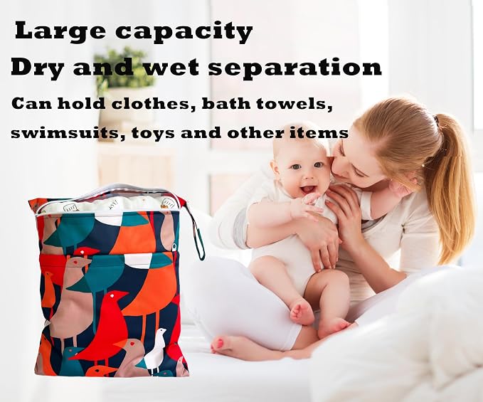 Wet Dry Bag for Cloth Diapers, 2PCS Waterproof Reusable Wet Bag with Zippered Pockets, Washable, Reusable for Travel, Beach, Pool, Stroller, Diapers, Dirty Gym Clothes, Swimsuits, 14x12In & 12x11In