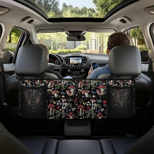 Mushroom Designs Car Trunk Organizer Hanging Car Back Seat Storage Bag with 4 Large Pockets Multipurpose Collapsible Storage Bag Automotive Interior Accessories