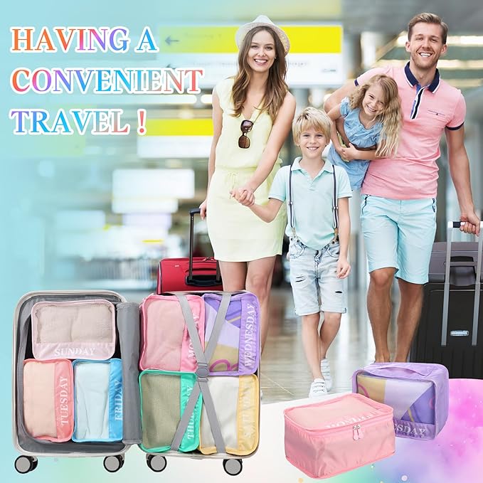 Days of Week Packing Cubes Weekly Organizer Travel Storage Bag School Clothes for Kids Summer Camp Family(9x7x3inch,Macaron,15)