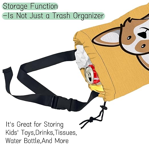 Cute Dog Car Trash Bag,Hanging Drawstring Car Garbage Bag,Waterproof Canvas Car Back Seat Organizer with Adjustable Buckle,for Vehicles,SUVs,Camping,Road Trips