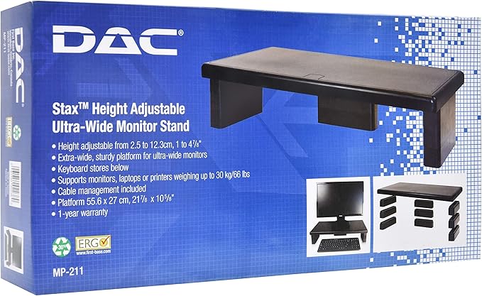 DAC STAX Ultrawide Adjustable, Stackable Desktop Computer Monitor Stand Laptop Riser, Supports up to 66 Pounds, with Keyboard Storage, Black (MP-211)