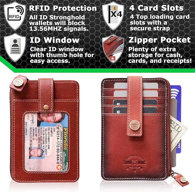 ID Stronghold RFID Blocking Front Pocket Wallet – Slim Minimalist Genuine Leather Wallet with Zipper Coin Pocket (Mega Red)