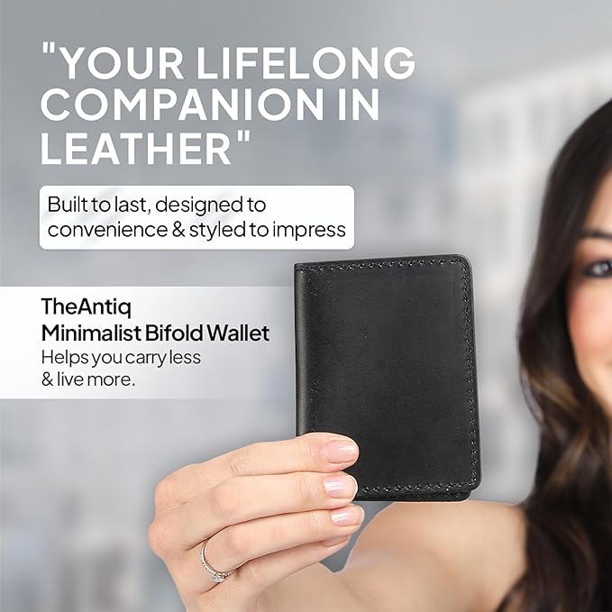 Genuine Leather Bifold Card Holder Wallet for Men & Women – Slim Minimalist Front Pocket Credit Card Wallet, Compact Leather Credit Card Case for Travel & Everyday Carry- Black
