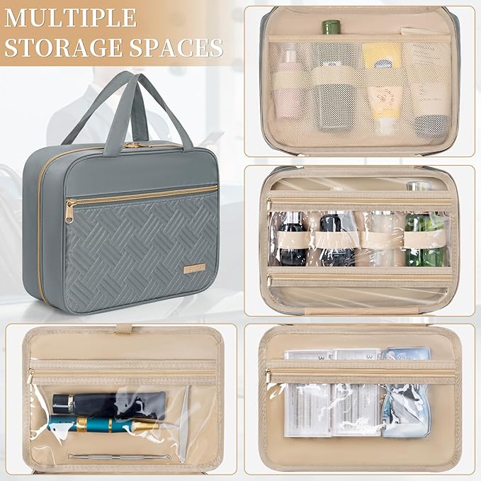 Travel Toiletry Bag for Women & Men Water Resistant Makeup Bag with Hanging Hook Portable Travel Organizer for Travel Accessories, Travel-Sized Shampoo, Toiletries (Large-Grey)