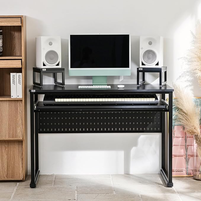 Music Studio Desk with Keyboard Tray and Height Adjustment Bracket, for 61 Keys (Music Producer Desk) (Black, 61 Keys)
