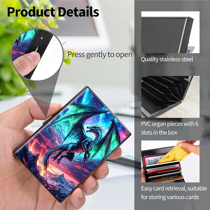Metal Wallet for Women Men Girls, RFID Blocking Slim Aluminum Credit Card Holder, Mini Travel Wallet with Hard Shell, Lightweight ID & Business Card Case,A Dragon
