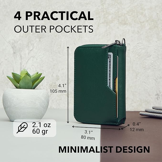 Vaultskin NOTTING HILL Minimalist Leather Zipper Wallet for Women and Men: Slim Multi Cardholder with RFID Blocking and Keychain Ring