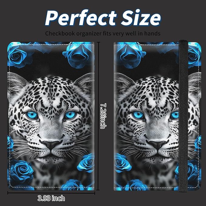 Check Book Cover for Personal Checkbook with Duplicate Checks for Women's & Men PU Leather Wallets Check Book Holder with Pen Card Slots Elastic Strap,Leopard And Rose