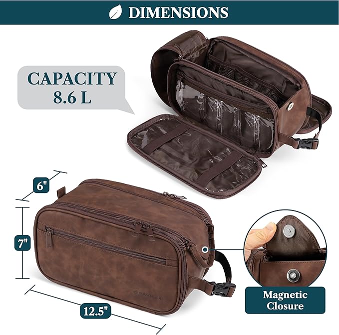 PAVILIA Toiletry Bag for Men, Hanging Travel Dopp Kit Organizer, PU Leather Water Resistant Bathroom Bag for Shaving Grooming, Large Capacity Cosmetic Bag Travel Essentials, Dark Brown