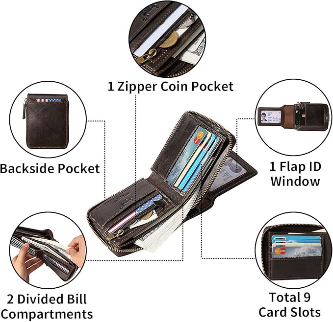 MING CLAN Leather RFID Blocking Bifold Wallet For Men With Zipper, Flap ID Window Zip Coin Pocket, Big Capacity Credit Card Holder For Travel