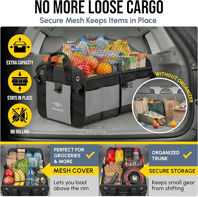 3-Section Modular Trunk Organizer XL – Car Storage for Groceries, Cleaning Supplies, Tools, Sports Gear – Foldable L-Shape Cargo Bin – Gray