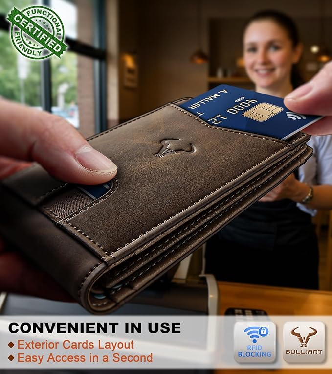 BULLIANT Men Wallet, Slim Leather Wallet Front Pocket Card Holder Gift For Men 11 Slots RFID Blocking