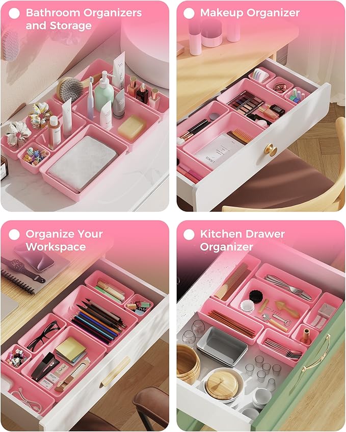 BiuLeon 25 PCS Plastic Drawer Organizers Set, 4-Sizes Vanity and Makeup Organizer, Desk and bathroom Drawer Organizer Trays, Organizers and Storage for Makeup, Jewelry, Gadgets, Utensils (Pink)