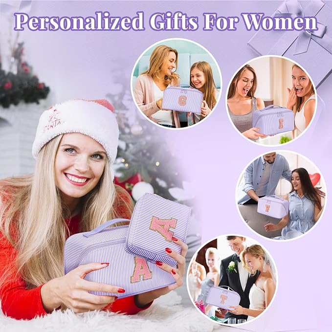 2026 Graduation Gifts - Travel Makeup Bag for Women, 2Pcs Portable Personalized Initial Makeup Organizer Bag, Open Flat Large Cosmetic Bag With Travel Essential Pouch (Purple Letter O)