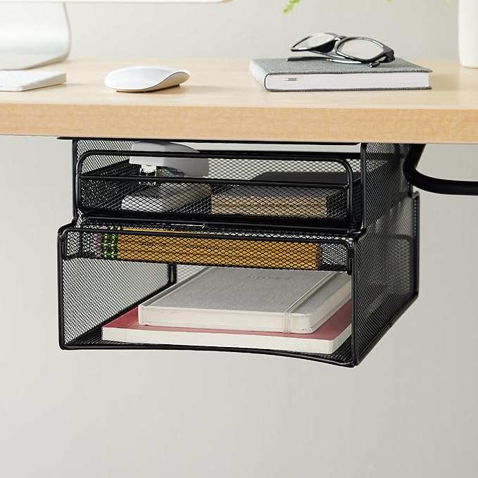 Safco 3244BL Onyx Mesh Deluxe Under Desk Hanging File & Paper Organizer, Black, Steel Construction, 2 Compartments, Tabletop or Desktop. Perfect for Home, Office & Classrooms, Black