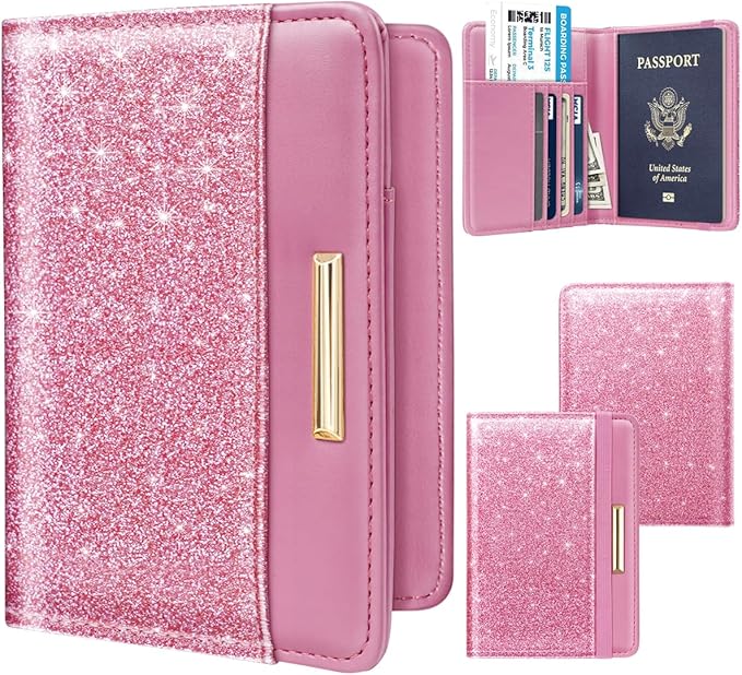 Passport Holder Cover,Traveling Passport Case Cute Passport Wallet for Women,Peach Glitter