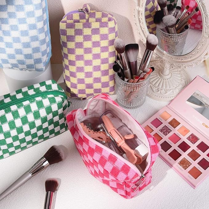HERGÉ Checkered Makeup Bags, Small Cosmetic Pouches with Zipper, Travel Storage Cases, 6 Pack