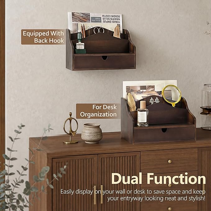 Rebee Vision Acacia Wood Mail Organizer for Desk – Farmhouse Countertop Mail Holder with Dividers – 4-Slot Letter Sorter for Key & Jewelry– Desktop Organizer for Home Decor (Dark Acacia)
